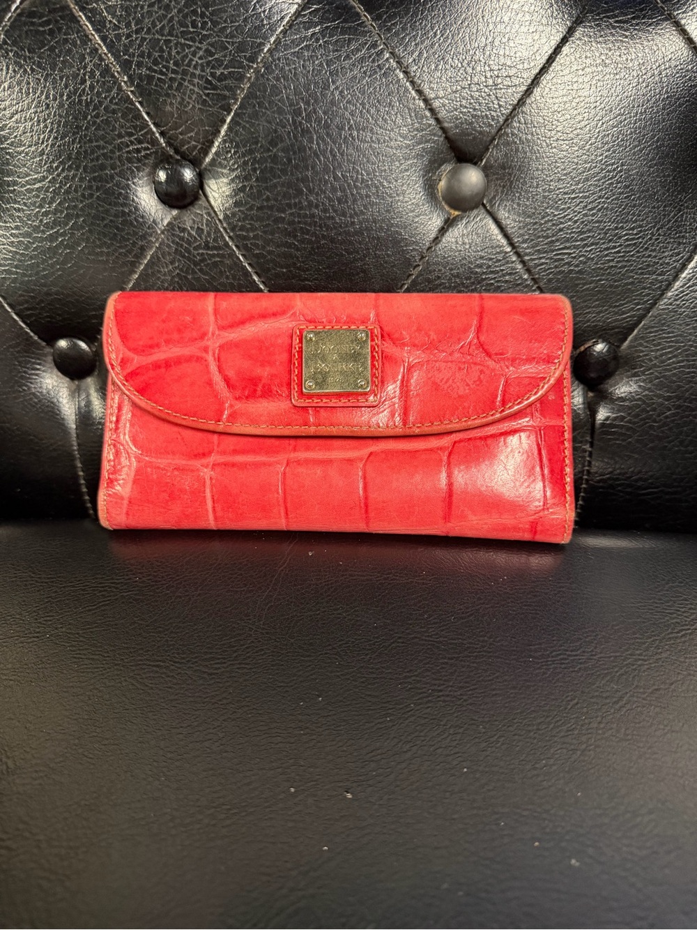 Dooney & Bourke Red Croc-Embossed Clutch Wallet with Gold Plaque